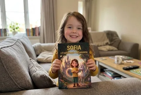 Un bambino tiene in mano il libro stampato con copertina rigida